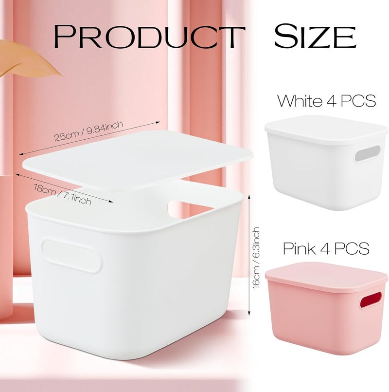 Hoolerry 8 Pieces Colorful Storage Bins with Lid, Plastic Storage Basket Organizing Container Stackable Box with Handle for Shelves Desktop Playroom Office(9.8 x 7.1 x 6.3 Inch,White and Pink) - Image 2