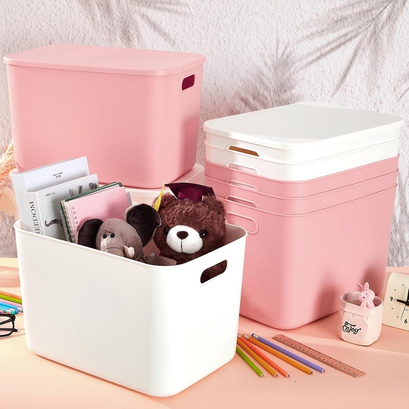 Hoolerry 8 Pieces Colorful Storage Bins with Lid, Plastic Storage Basket Organizing Container Stackable Box with Handle for Shelves Desktop Playroom Office(9.8 x 7.1 x 6.3 Inch,White and Pink) - Image 4