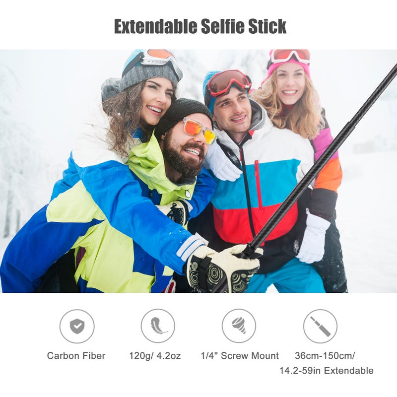Portable Selfie Stick Carbon Fiber Stand Camera Bracket 1/4 Inch Screw Mount 36cm-150cm/14.2in-59in Adjustable Length Compatible with Insta360 X2/ X3 - Image 3