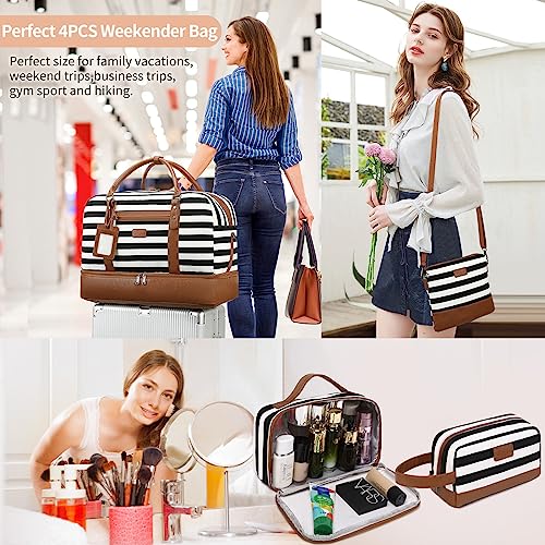 Wogarl 4PCS Weekender Bags for Women Large Overnight Bag Weekend Travel Duffel Bag Carry on Shoulder with Shoe Compartment Canvas Toiletry Bag for Travel Business Gym(Wide Black White-CH) - Image 2