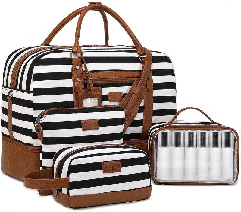 Wogarl 4PCS Weekender Bags for Women Large Overnight Bag Weekend Travel Duffel Bag Carry on Shoulder with Shoe Compartment Canvas Toiletry Bag for Travel Business Gym(Wide Black White-CH) - Image 1