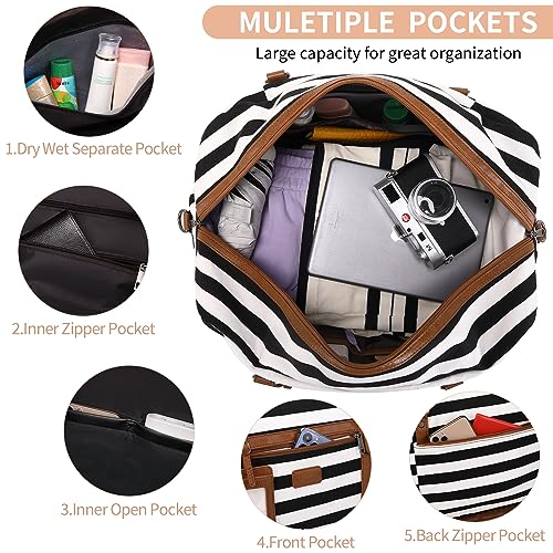 Wogarl 4PCS Weekender Bags for Women Large Overnight Bag Weekend Travel Duffel Bag Carry on Shoulder with Shoe Compartment Canvas Toiletry Bag for Travel Business Gym(Wide Black White-CH) - Image 3