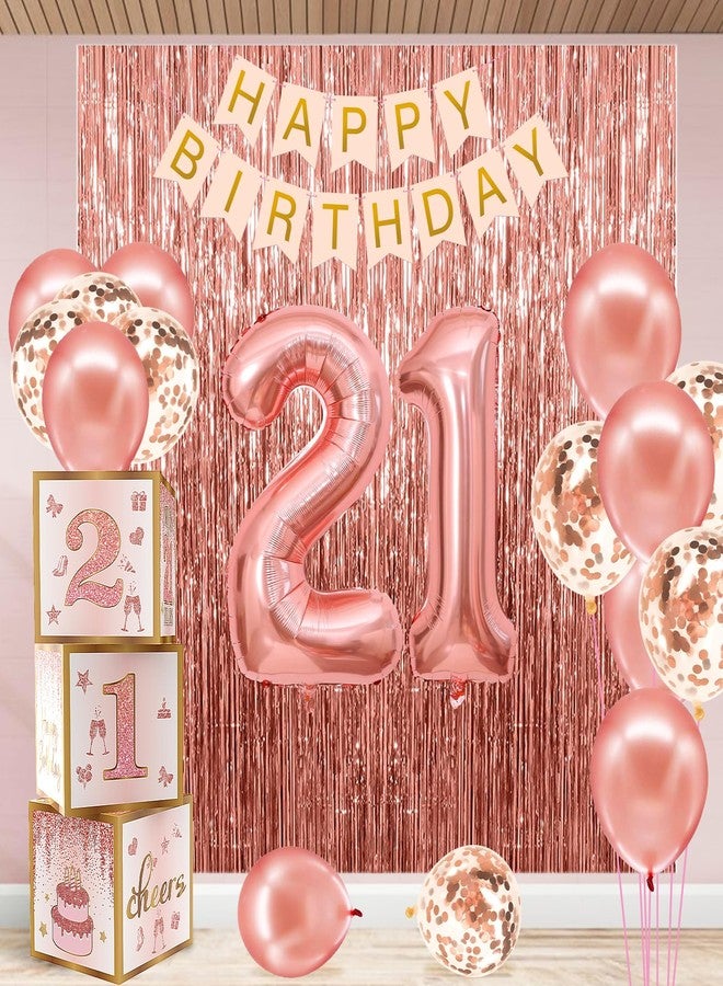 RTHPY 21st Birthday Decorations for Her,Happy 21st Birthday Decorations for Women Rose Gold 21 Boxes Decor for Girls Pink Rose Gold Foil Number Balloons Party Supplies Tassel Curtain - Image 1