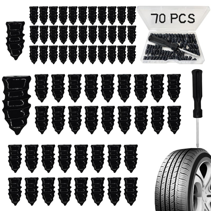 Onfunlee Tire Repair Nails 70PCS, Rubber Screw in Tyre Repair Screws Plugs Flat Tire Fix Rubber Nail Kits Heavy Duty Vacuum Tyre Tool with Screwdriver Box for Car Motorcycle Truck Jeep Puncture (35S+35L) - Image 1