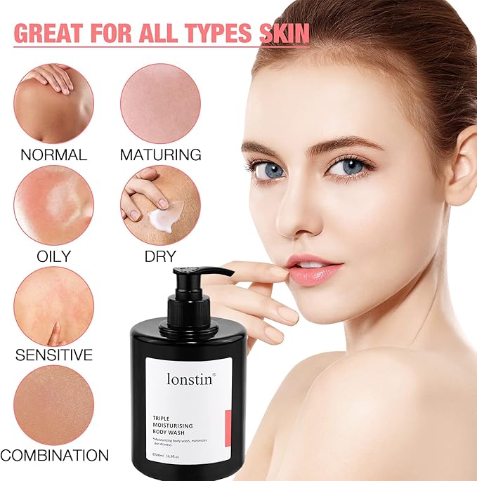 lonstin Body Wash 500ml Argan Oil Triple Moisturizing Shower Gels for Women Men Hydrating Shower Body Cream for Dry Normal Skin Types Help Reduce Itchy Acne Eczema Body Odor 169 Fl Oz
