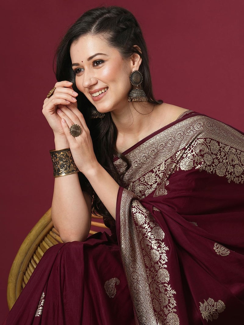 Satrani Women's Cotton Silk Banarasi Jacquard Saree with Unstitched Blouse Piece (4067S6414N_Maroon) - Image 4