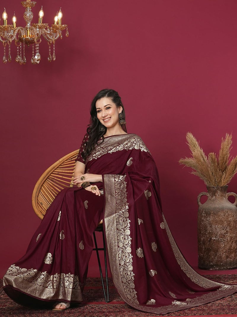Satrani Women's Cotton Silk Banarasi Jacquard Saree with Unstitched Blouse Piece (4067S6414N_Maroon) - Image 3