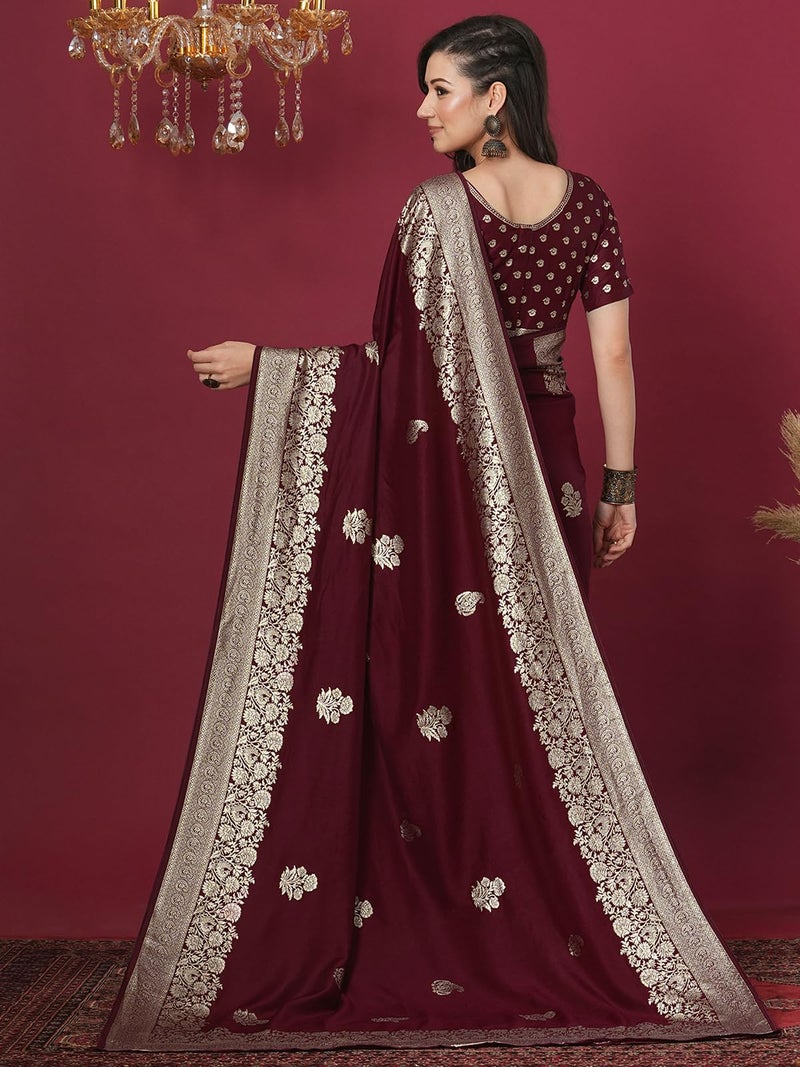 Satrani Women's Cotton Silk Banarasi Jacquard Saree with Unstitched Blouse Piece (4067S6414N_Maroon) - Image 2
