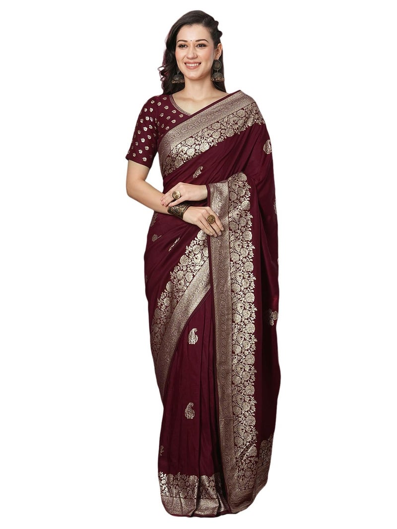 Satrani Women's Cotton Silk Banarasi Jacquard Saree with Unstitched Blouse Piece (4067S6414N_Maroon) - Image 1