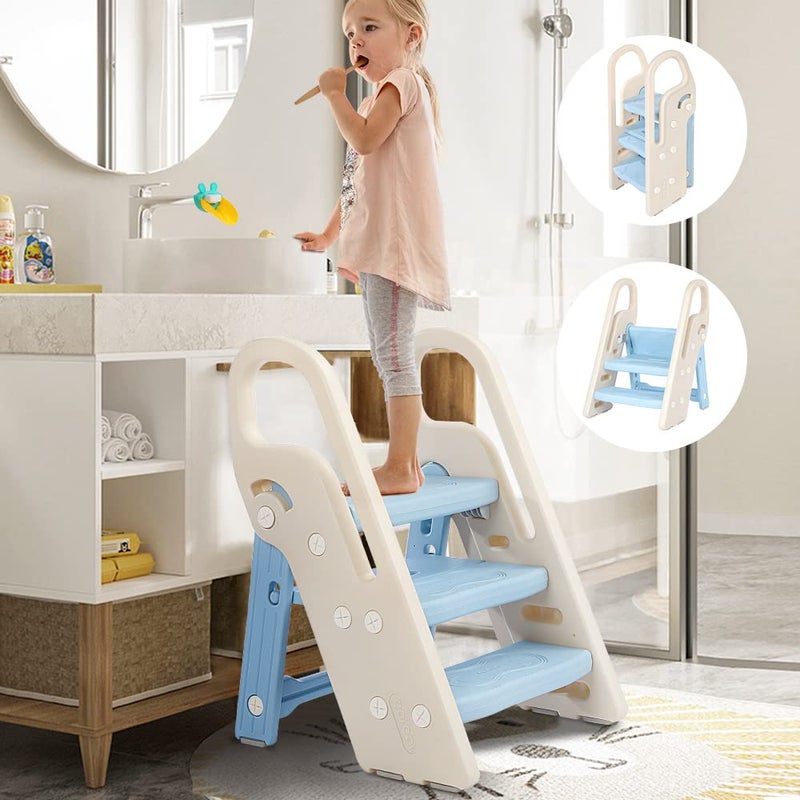Onasti Foldable Toddler Step Stool for Bathroom Sink Adjustable 3 Step Stool for Kids Toilet Potty Training Stool with Handles Child Kitchen Counter Stool Helper Plastic Ladder for Toddlers Blue