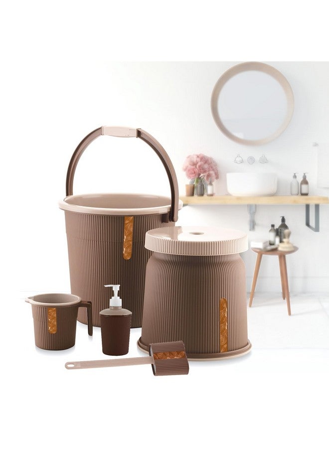 Liza Newton Combo of 5pcs Bathroom Accessories Set Plastic Bathroom Set with 20Ltr Plastic Bucket, Small Mug, Big Stool, Dispenser, & Toilet Brush for Home, Kitchen & Bathroom (Brown) - Image 1