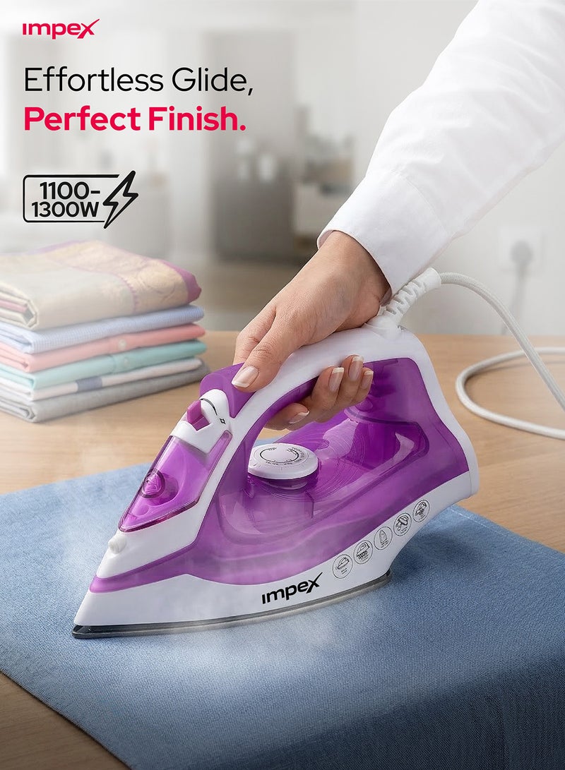 Impex Electric Steam Iron Box - Non-Stick Coated Soleplate, 360-Degree Swivel Cord, Water Spray Function, Vertical & Horizontal Steaming, Variable Steam Control, , Pilot Lamp, Five Temperature Settings 0.86 kg 1300 W IBS 401 Purple - Image 3