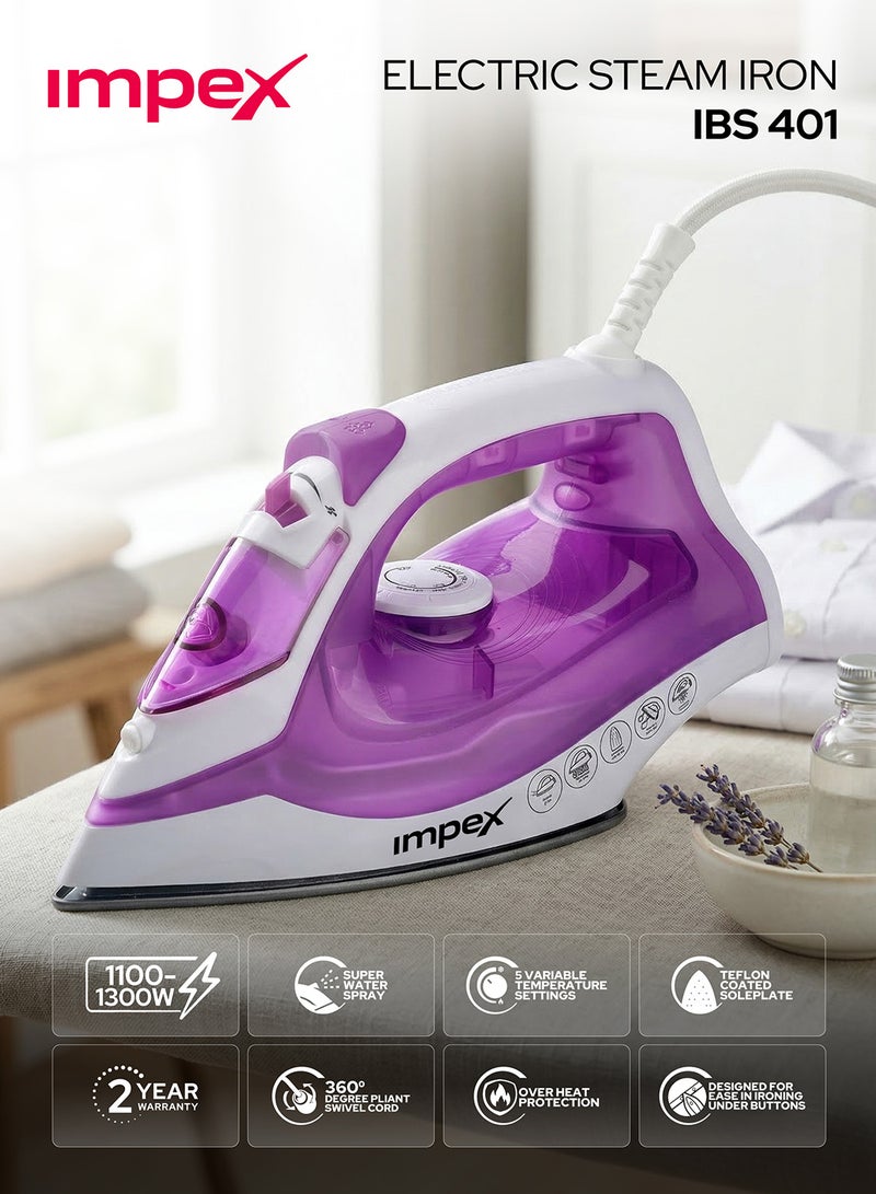Impex Electric Steam Iron Box - Non-Stick Coated Soleplate, 360-Degree Swivel Cord, Water Spray Function, Vertical & Horizontal Steaming, Variable Steam Control, , Pilot Lamp, Five Temperature Settings 0.86 kg 1300 W IBS 401 Purple - Image 1