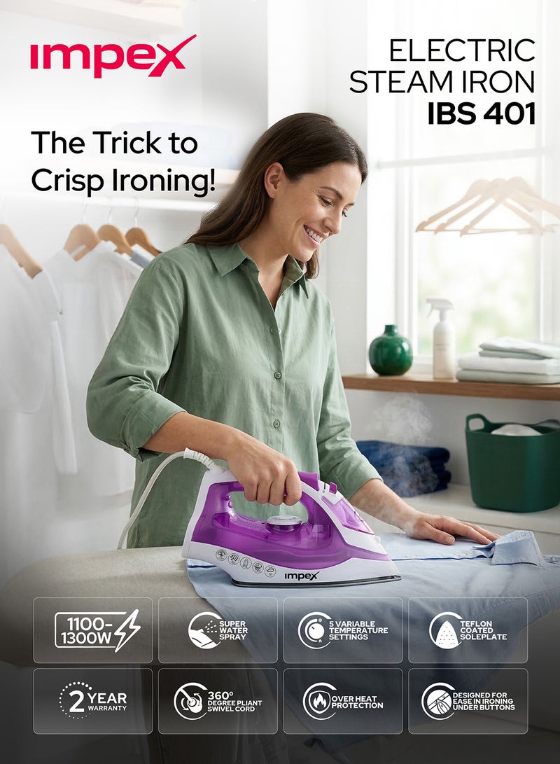 Impex Electric Steam Iron Box - Non-Stick Coated Soleplate, 360-Degree Swivel Cord, Water Spray Function, Vertical & Horizontal Steaming, Variable Steam Control, , Pilot Lamp, Five Temperature Settings 0.86 kg 1300 W IBS 401 Purple - Image 2
