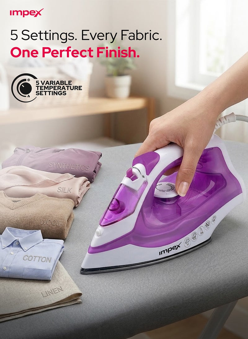 Impex Electric Steam Iron Box - Non-Stick Coated Soleplate, 360-Degree Swivel Cord, Water Spray Function, Vertical & Horizontal Steaming, Variable Steam Control, , Pilot Lamp, Five Temperature Settings 0.86 kg 1300 W IBS 401 Purple - Image 5