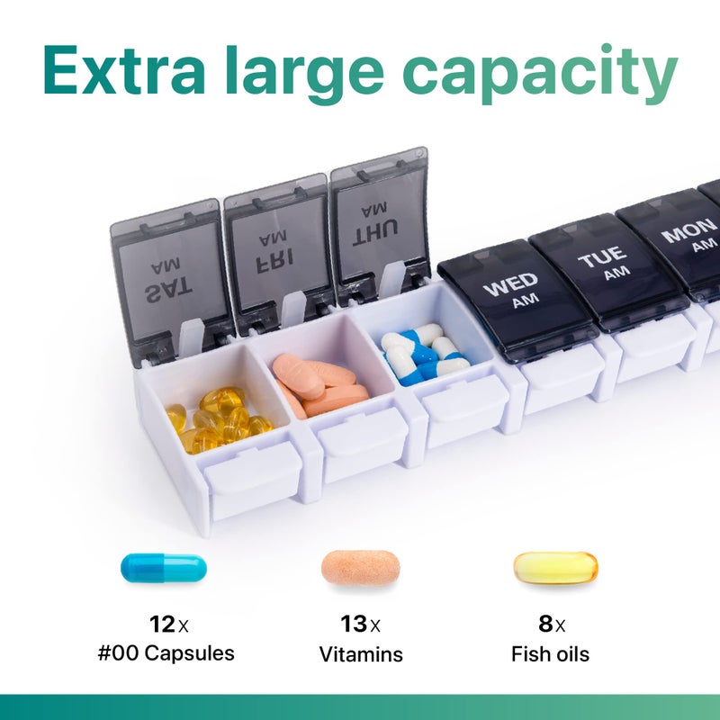 Sukuos AM PM Weekly 7 Day Pill Organizer, 2 Times A Day Pill Box with Arthritis Friendly Push Button, Medicine Cases for Vitamin/Fish Oil/Supplements, Easy to Clean (Black&White) - Image 2