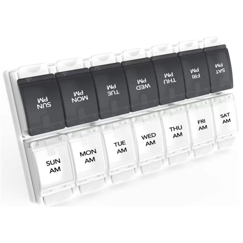 Sukuos AM PM Weekly 7 Day Pill Organizer, 2 Times A Day Pill Box with Arthritis Friendly Push Button, Medicine Cases for Vitamin/Fish Oil/Supplements, Easy to Clean (Black&White) - Image 1