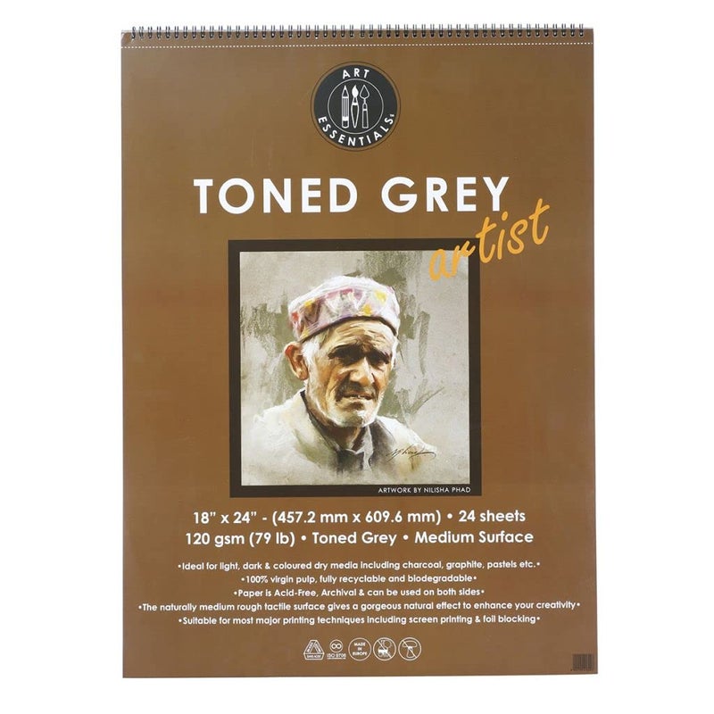 Art Essentials Toned Sketch Artist 18 x 24 inch Cool Grey Medium Surface 120 GSM Perforated Wiro of 24 Sheets Acid Free Paper for Drawing Sketch with Graphite Charcoal Pastel Light Dark Media - Image 1