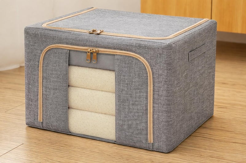 Storage Organizer 100 Liter, Foldable Metal Frame Bin with Zipper, Visible Window, Large Capacity Storage with Handles for Comforters, Blankets, Bedding, Duvet, Wardrobe Organizer 1 Piece (Grey)