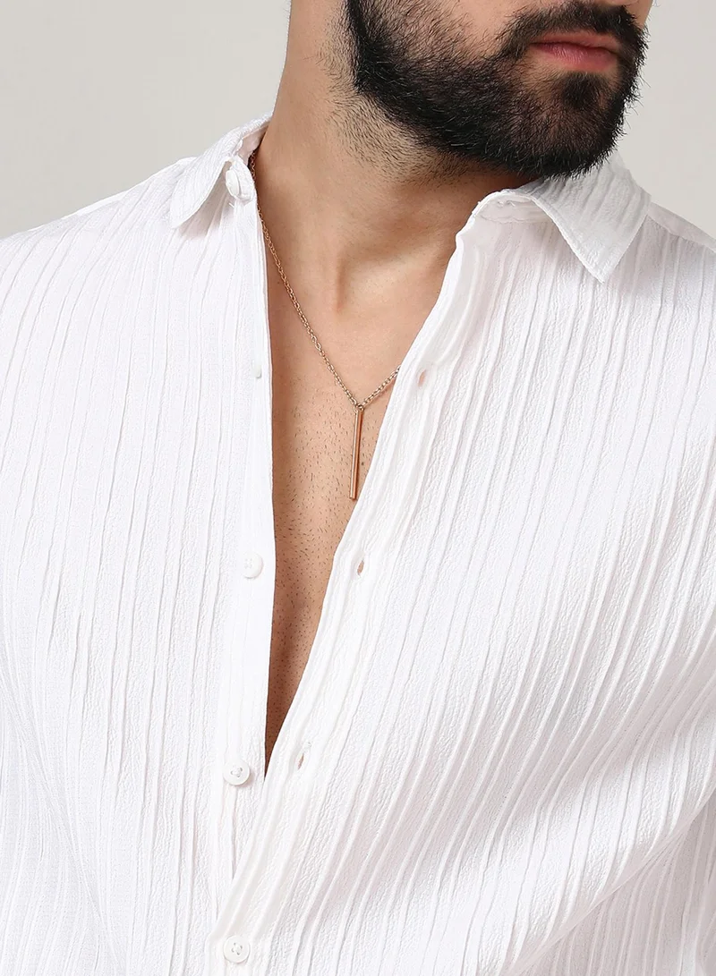 Campus Sutra Campus Sutra Men's Chalk White Self-Design Striped Shirt For Casual Wear | Spread Collar | Long Sleeve | Button Closure | Shirt Crafted With Comfort Fit For Everyday Wear