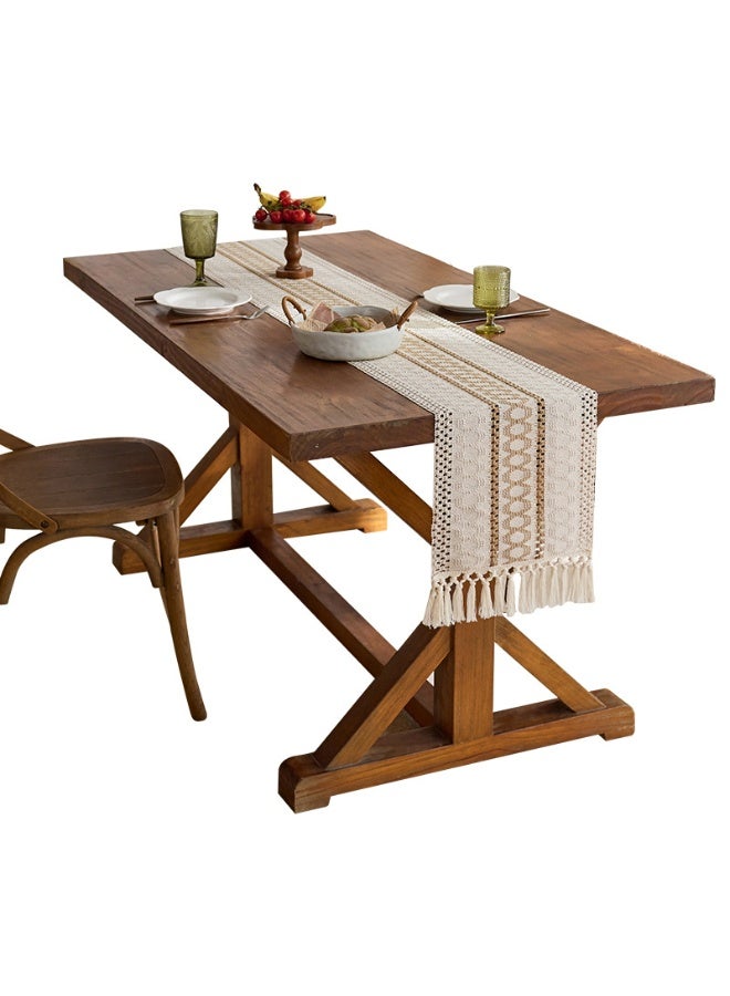 فلاي رود مفرش طاولة خريفي بتصميم بوهو - مكرمية ريفية مع شرابات، لون بني كريمي، مناسب لتناول الطعام الريفي الحديث، مناسب لمطبخ المنزل وحفلات الأعياد وحفلات الزفاف (30×220 سم) - Image 2