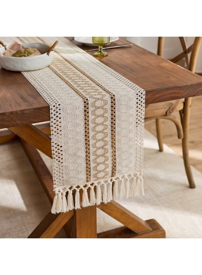 فلاي رود مفرش طاولة خريفي بتصميم بوهو - مكرمية ريفية مع شرابات، لون بني كريمي، مناسب لتناول الطعام الريفي الحديث، مناسب لمطبخ المنزل وحفلات الأعياد وحفلات الزفاف (30×220 سم) - Image 3