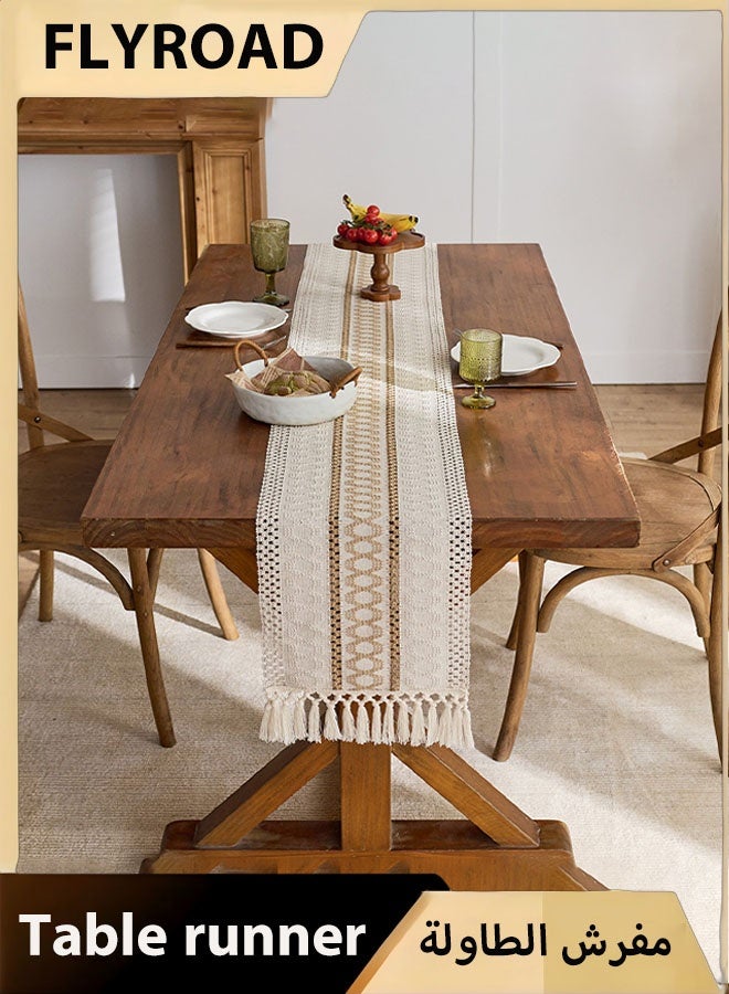 فلاي رود مفرش طاولة خريفي بتصميم بوهو - مكرمية ريفية مع شرابات، لون بني كريمي، مناسب لتناول الطعام الريفي الحديث، مناسب لمطبخ المنزل وحفلات الأعياد وحفلات الزفاف (30×220 سم) - Image 1