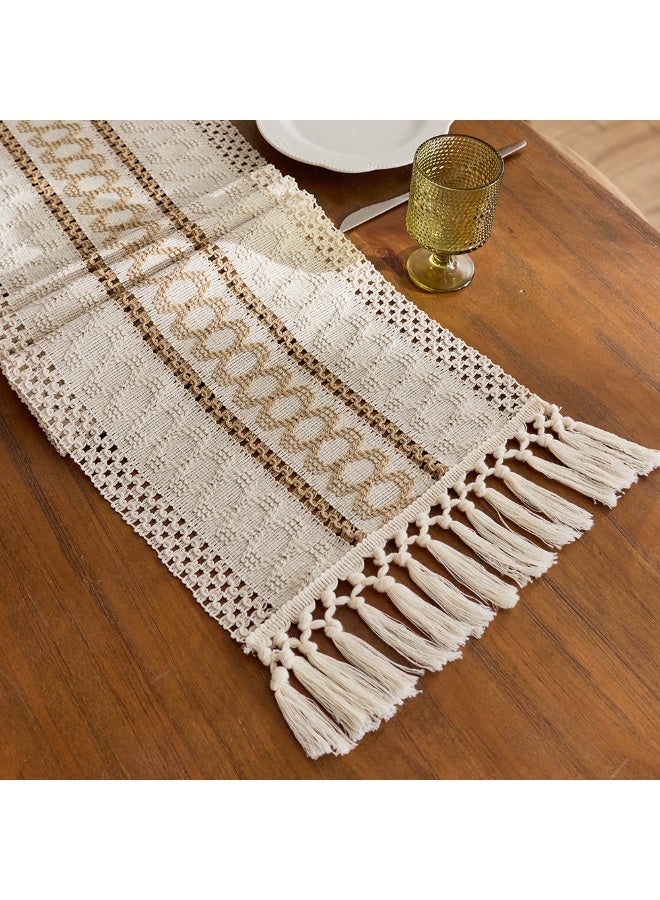 فلاي رود مفرش طاولة خريفي بتصميم بوهو - مكرمية ريفية مع شرابات، لون بني كريمي، مناسب لتناول الطعام الريفي الحديث، مناسب لمطبخ المنزل وحفلات الأعياد وحفلات الزفاف (30×220 سم) - Image 4