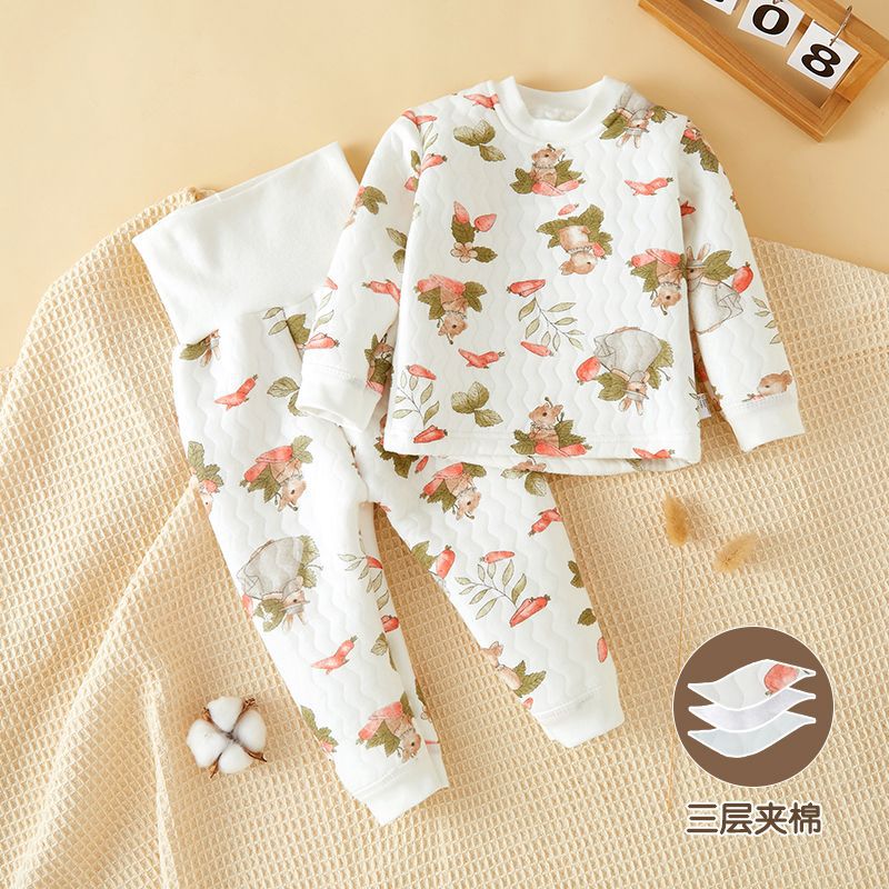 Baby Quilted Split Set For Boys And Girls, High-Waisted Thermal Underwear Set, Infant Base Layer Autumn Clothes And Pants, Home Wear - Image 1