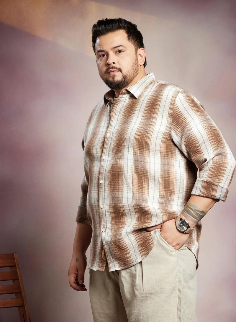 Instafab Plus Instafab Plus Men's Brown & White Ombre Buffalo Check Shirt For Casual Wear | Spread Collar | Long Cuffed Sleeves | Button Closure | Plus Size Shirt Crafted With Comfort Fit For Everyday Wear