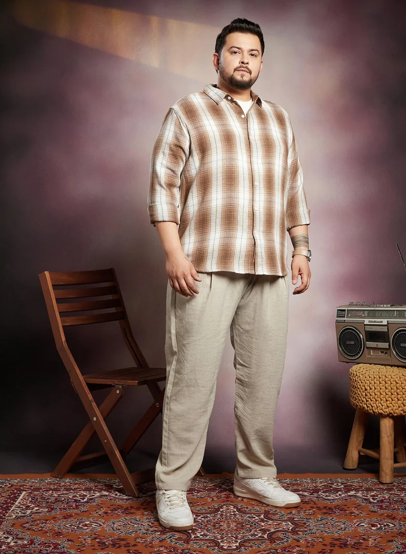 Instafab Plus Instafab Plus Men's Brown & White Ombre Buffalo Check Shirt For Casual Wear | Spread Collar | Long Cuffed Sleeves | Button Closure | Plus Size Shirt Crafted With Comfort Fit For Everyday Wear