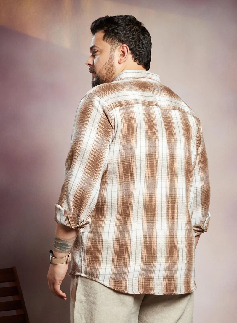 Instafab Plus Instafab Plus Men's Brown & White Ombre Buffalo Check Shirt For Casual Wear | Spread Collar | Long Cuffed Sleeves | Button Closure | Plus Size Shirt Crafted With Comfort Fit For Everyday Wear