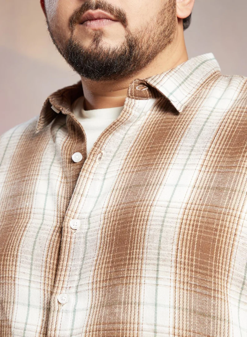 Instafab Plus Instafab Plus Men's Brown & White Ombre Buffalo Check Shirt For Casual Wear | Spread Collar | Long Cuffed Sleeves | Button Closure | Plus Size Shirt Crafted With Comfort Fit For Everyday Wear