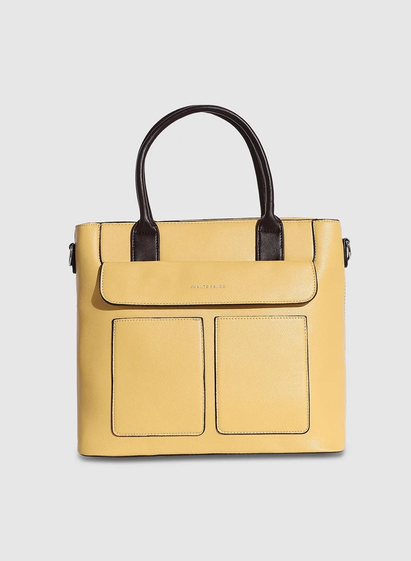 Haute Sauce  Haute Sauce Women's Everyday Essential Tote Bag For Casual Wear | Light Yellow Colour |  One-Size | Zipper Closure | 2 Handle | Detachable Sling | Vegan Leather Handbag For Woman And Girls for Women | Best Price UAE