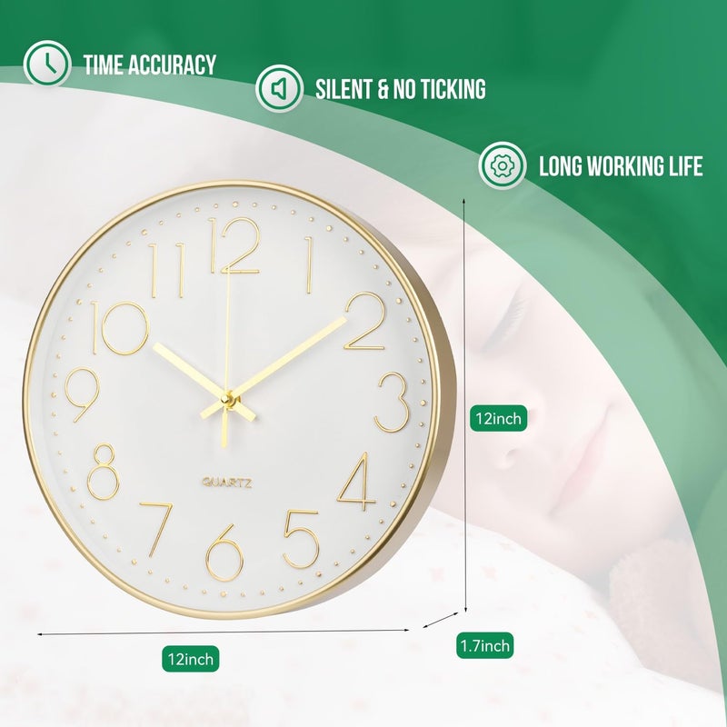 bakbrand Wall Clock 12 Inch Non-Ticking Silent Modern Simple Style Round Decor Clock Gold Stereoscopic Dial Quartz Wall Clocks for Home/Office/School/Living Room/Bedroom/Kitchen - Image 3