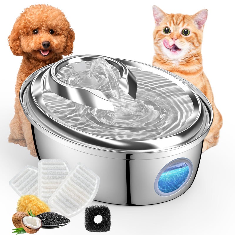 ORSDA Stainless Steel Cat Water Fountain, Automatic Pet Water Fountain, 100oz/3L Drinking Fountain Dog Water Dispenser with Water Level Window- 4Pcs Filters (D66) - Image 1