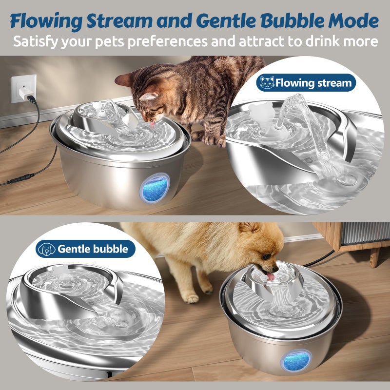 ORSDA Stainless Steel Cat Water Fountain, Automatic Pet Water Fountain, 100oz/3L Drinking Fountain Dog Water Dispenser with Water Level Window- 4Pcs Filters (D66) - Image 3