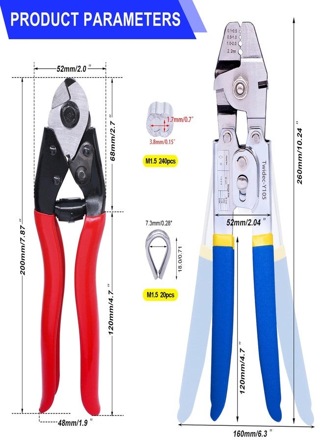 Twidec/Wire Rope Crimping Tool Up To 2.2mm With 240PCS 1/16''Aluminum Crimping Loop Sleeve And 165FT 1/16'' 304 stainless steel Wire Rope 20PCS Wire Rope Thimbles And Wire Rope Cable Cutter Kit - Image 2