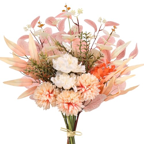 Pusuny Fake Artificial Flowers Bouquet for Decoration Silk Flower Arrangements Faux Flowers Plant Wedding Bride Bouquets Tables Centerpieces for Rustic Home Decor Indoor Vase Floral Table Decor Champagne - Image 1