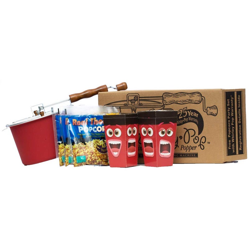 Wabash Valley Farms Original Whirley Pop Starter Pack  Wabash Valley Farms Popcorn Kit Whirley Pop Popcorn Maker With 3 Movie Theater Popcorn Kits and 4 Movie Night Face Tubs Gourmet Popcorn Gift Sets Metal GearRed 