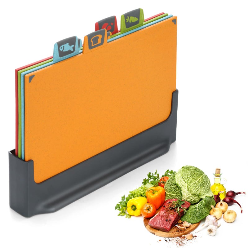 BEWOS 4 Colour Coded Chopping Boards Set Wheat Straw Cutting Board Reversible Chopping Board with Stand NonSlip Feet Chopping Boards for Kitchens Juice Grooves  Dishwasher Safe