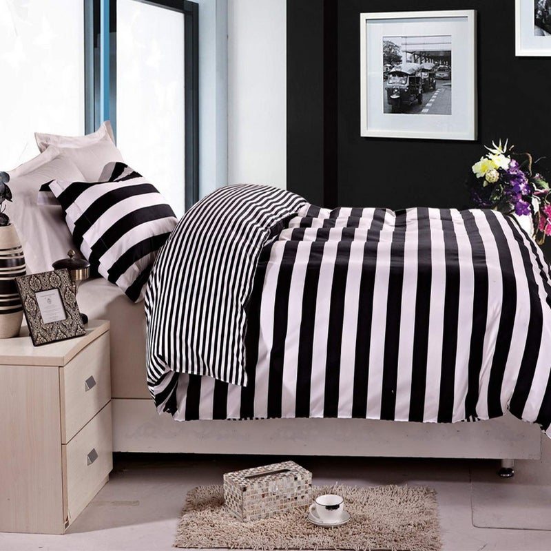 NTBAY NTBAY 2 Pieces Duvet Cover Set Twin Size for Kids Reversible Zipper Comforter Cover with 4 Corner Ties and 1 Pillow Sham Soft Brushed Microfiber Duvet Cover Set with Black and White Stripe Printed 