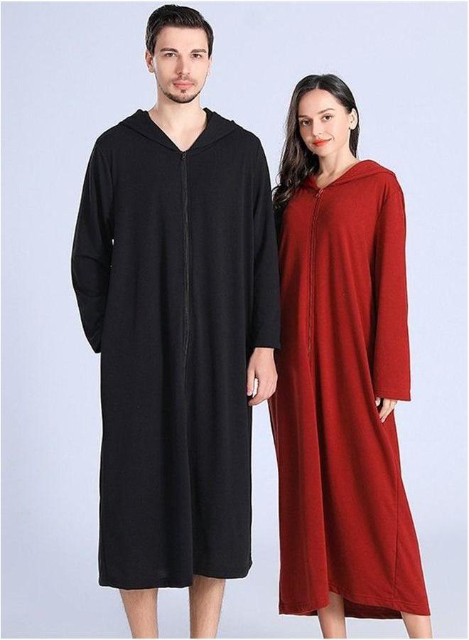 HOMESTAR Long zip-up bathrobe with hood, perfect for vacations by the sea, and beach Black Size L  - Image 4