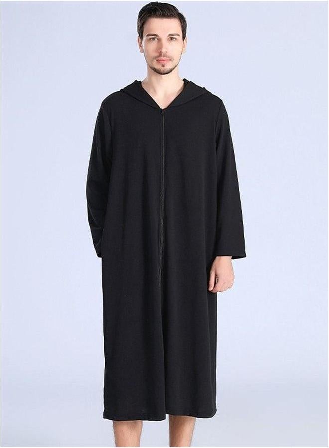 HOMESTAR Long zip-up bathrobe with hood, perfect for vacations by the sea, and beach Black Size L  - Image 1