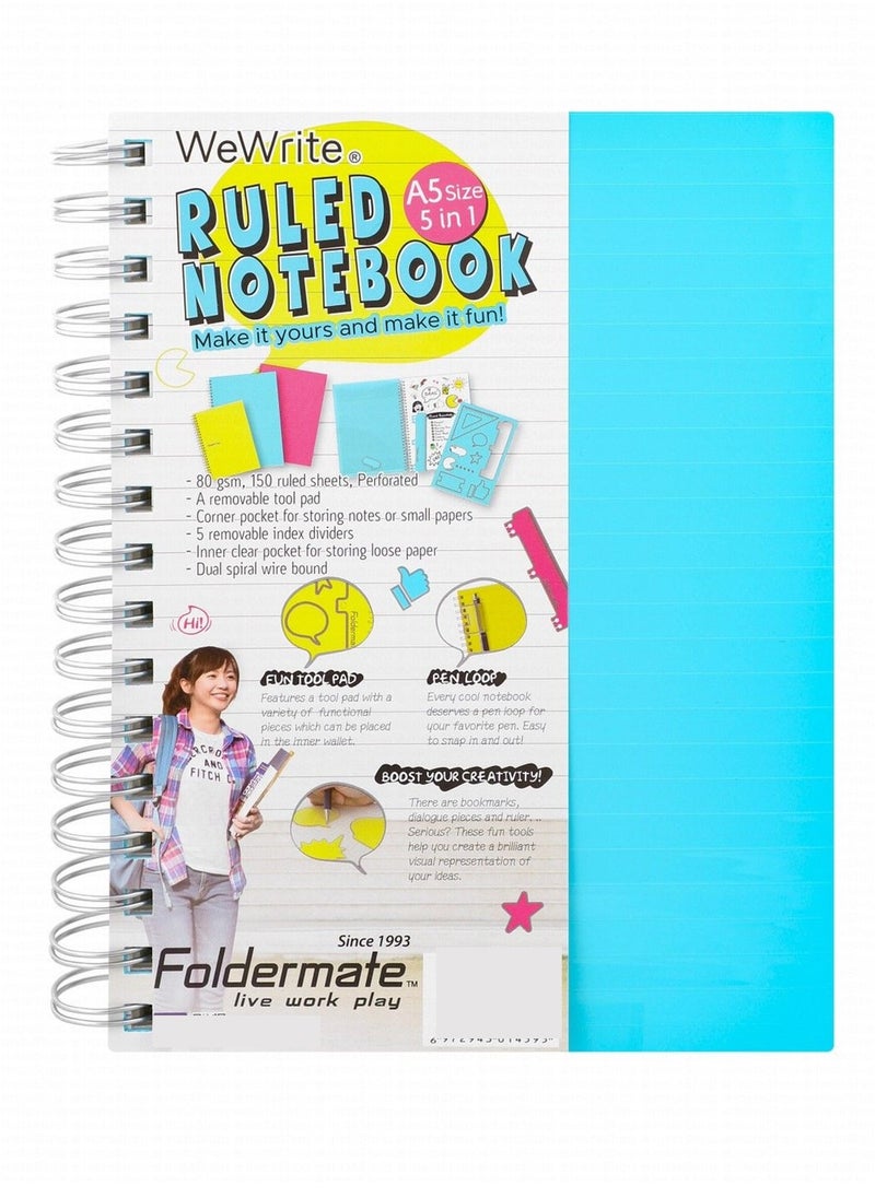 Foldermate - WeWrite A5 Blue Cover Spiral Ruled 5-Subject Notebook with Tool Pad & Pen Loop - Image 1