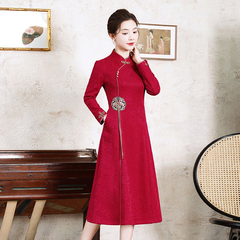 Mom winter fleece-lined thickened long skirt bottoming shirt middle-aged and elderly inner long warm improved cheongsam dress Black [regular]] - Image 2