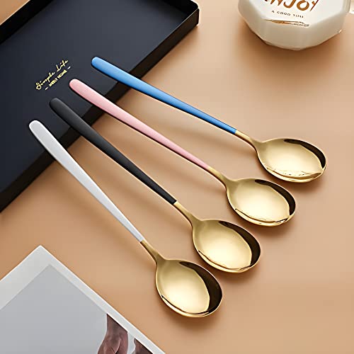 Dhruv Mart Spoons,Stainless Steel Long-Handled Spoon,Gold Small Round Spoon,Household Tableware Set,Dessert Spoon,Suitable For Cafe Restaurant For Soup,Grain,Tea, Set Of 4 (Mix Colour Gold) - 20 Cm - Image 1