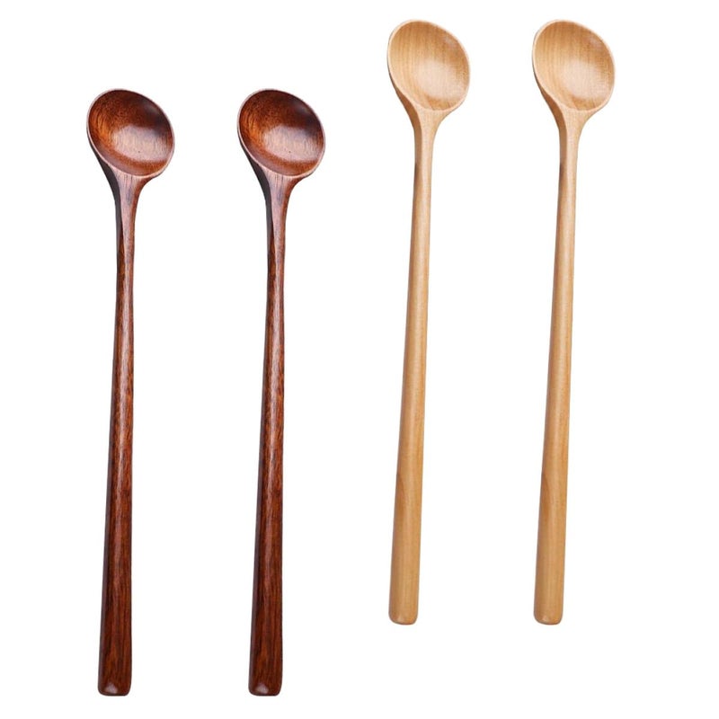 Natural Wooden Honey Mixing Spoons Set Of 4 Japanese Style Long Handle Kitchen Utils - Image 2
