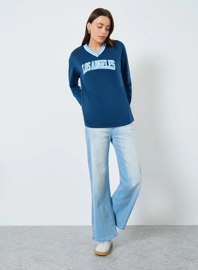 Styli Navy Blue Graphic Print Oversized T-Shirt