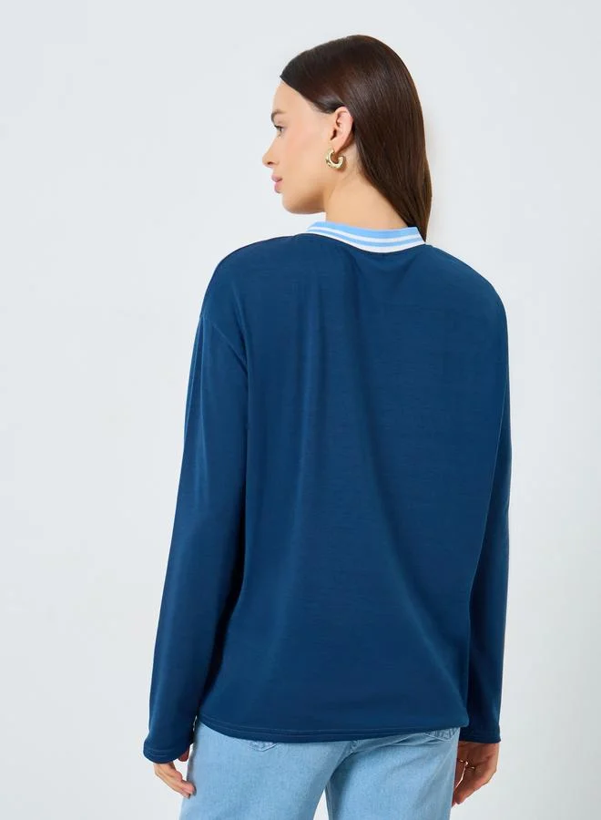 Styli Navy Blue Graphic Print Oversized T-Shirt